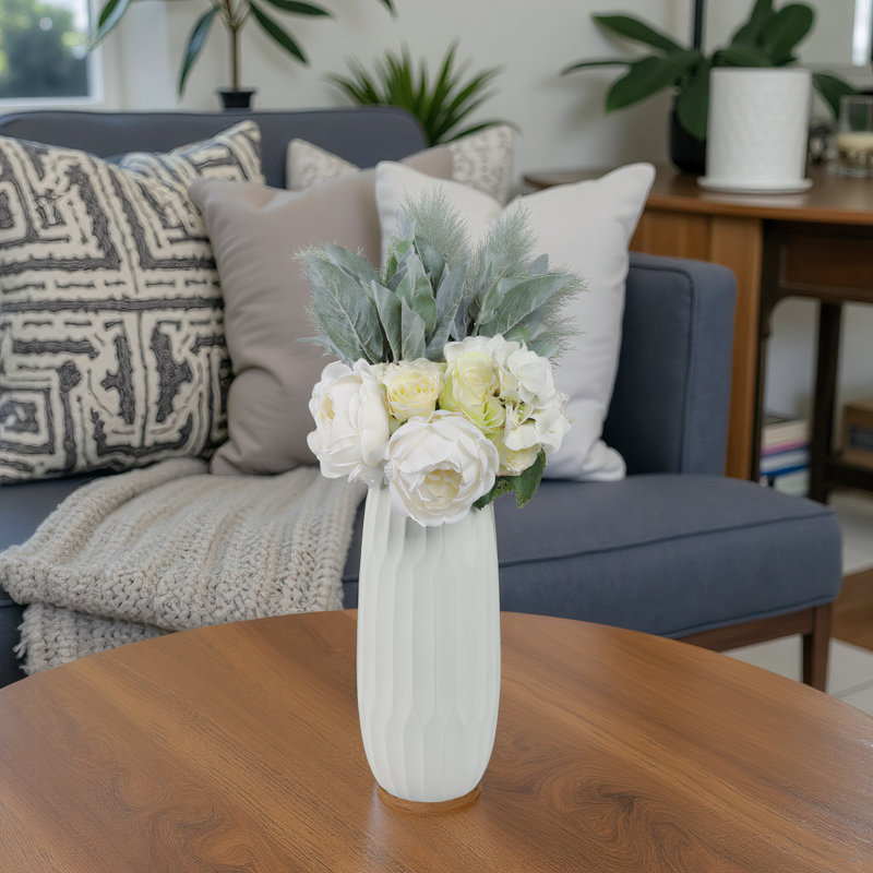 Stoneware Ceramic Vase with Textured Geometric Design, White, 14" H x 6" W x 6" D