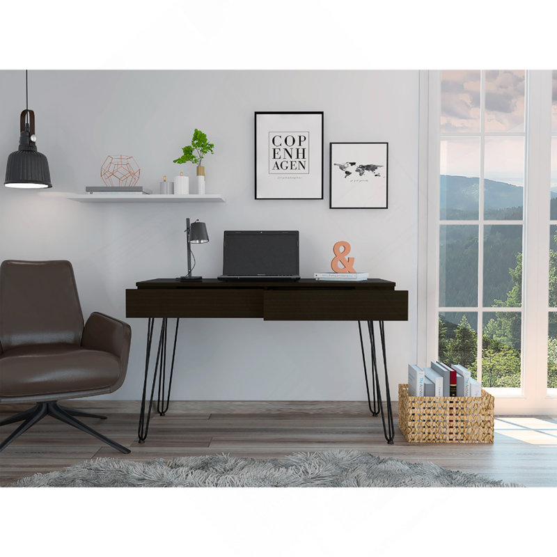 Bureau d'ordinateur 2 tiroirs avec pieds en épingle à cheveux - noir