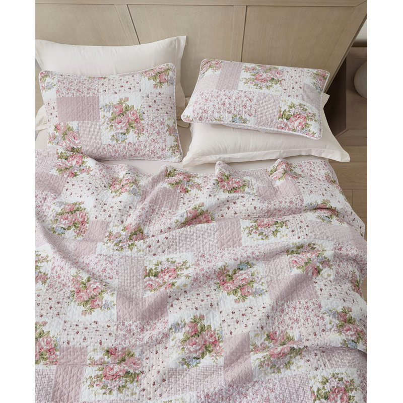 King Pink Cotton Reversible Floral Quilt Set