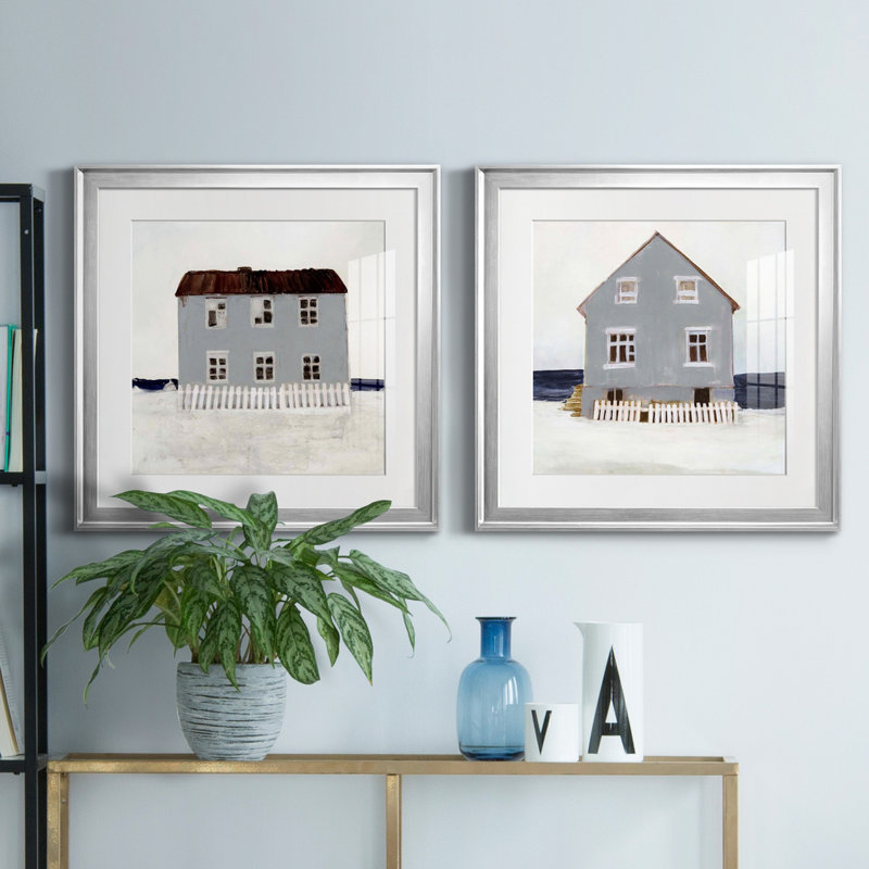 Beach Hut I Beach Hut I - ensemble de 2 cadres photo, H 17,5 po x l 35 po x P 1,5 po, Papier avec cadre argenté, Blanc