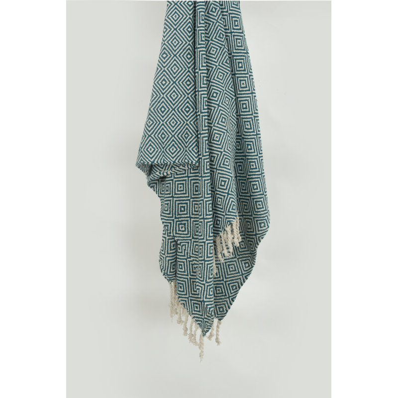 Teal and Natural Cotton Geometric Throw Blanket with Fringed Edge