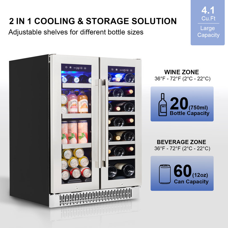 Akicon Wine And Beverage Refrigerator, 24 Inch Beverage Fridge With Glass Door, Dual Zone With 3-color Led Light, Under Counter/built-in/freestanding, Stainless Steel