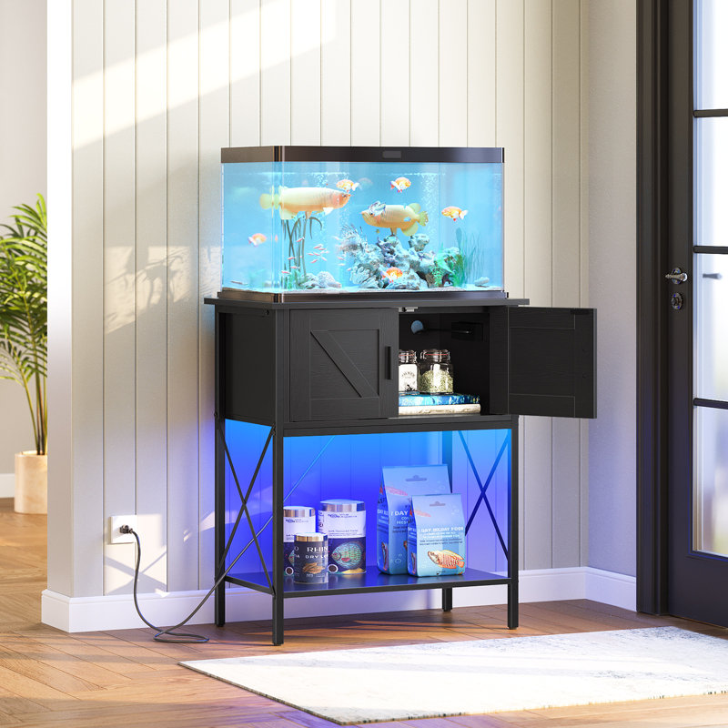 Black Metal and Particleboard Aquarium Stand with LED Light and Storage Cabinet