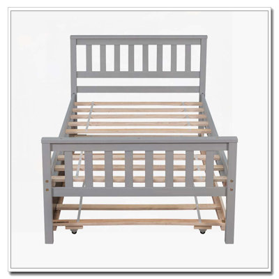 Lit simple avec lit gigogne, cadre de lit plateforme avec tête et pied de lit, pour petit espace de vie dans la chambre à coucher, aucun sommier tapissier requis, gris