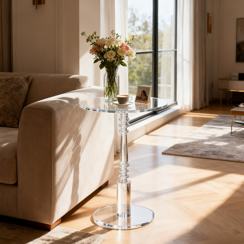 Table d'appoint en acrylique, table de bout avec poteau massif à plateau rond, table à piédestal pour le salon, la chambre à coucher, le balcon, assemblage facile (transparent, 17,7 po x 17,7 po x 23,6 po)