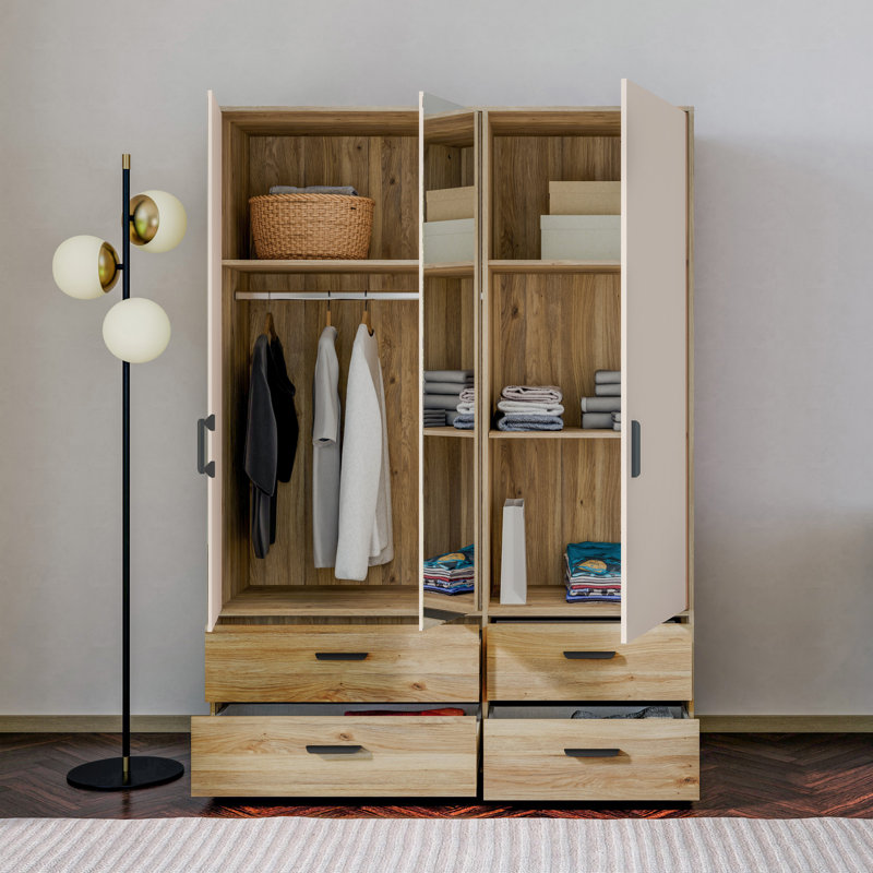 Rajish Modern wardrobe with 3 doors, 4 drawers, mirror, clothing rail and shelves, engineered wood, warm oak decor/beige, 144.4 cm W x 200.1 cm H x 52.7 cm D