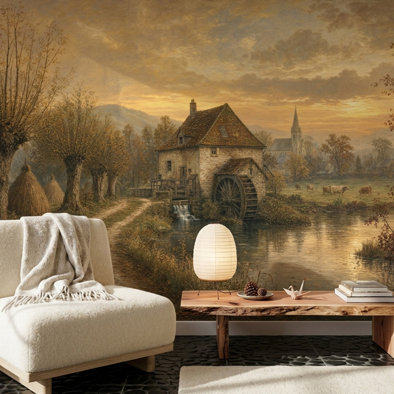 Papier peint rustique représentant un moulin à eau et un paysage vintage, 200"x120", Peel and Stick