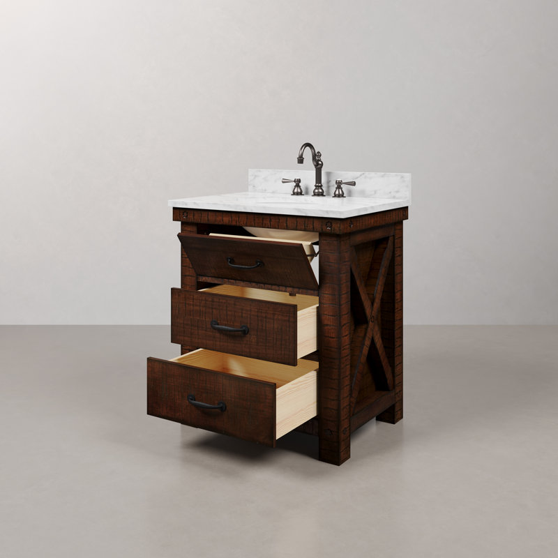 Aberdeen 30 In. Single Sink Blue Limestone Countertop Vanity In Rustic Sienna With Hook Faucet, Carrara White