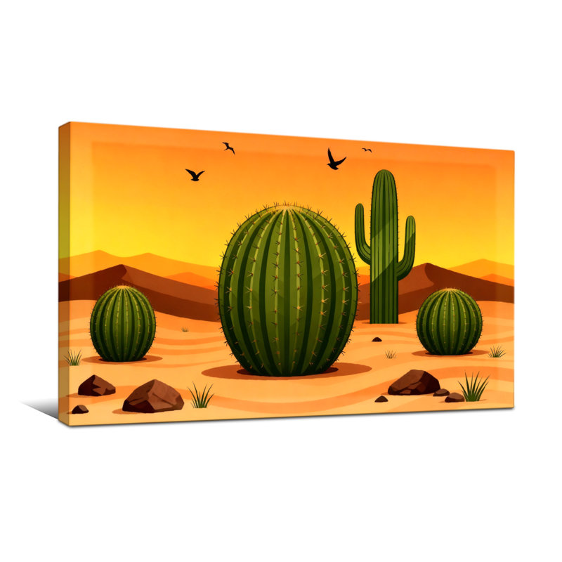 Plantes et fleurs, paysage désertique avec cactus et oiseaux, H 24 po x l 48 po