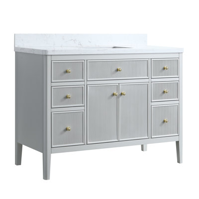 Grey 48 - Inch Freestanding Single Sink Bathroom Vanity With Solid Rubber Wood Build, Engineered Marble Surface, And Soft Close Hinges Doors