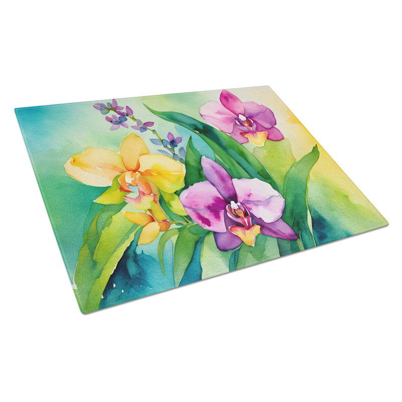 Orchidées dans une grande planche à découper en verre aquarelle
