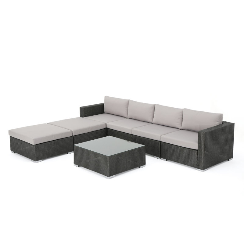 Groupe de sièges modulaires en rotin avec coussins 7 pièces, Gris