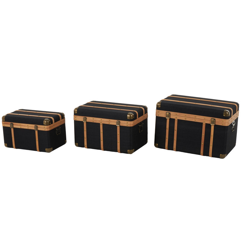 Cole And Grey Fabric Decorative Black Trunk With Brass Metal Latches And Brown Wooden Accents Set