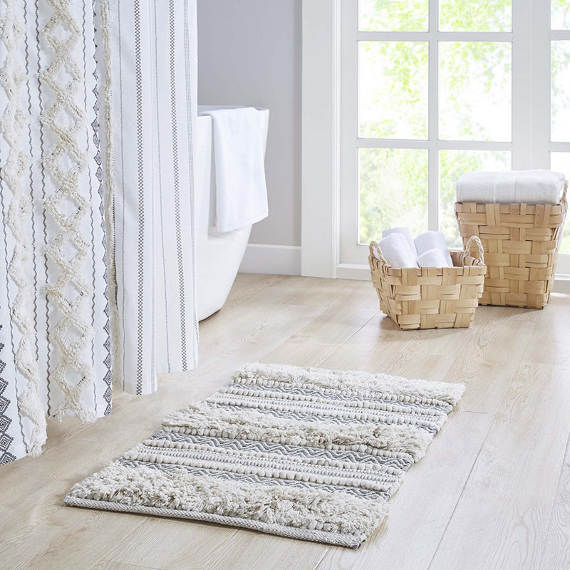Bath Rug Hand-Woven Texture Shaggy Striped Soft & Water Absorbent Non-Slip 20X32, 20"W x 32"L, Gray