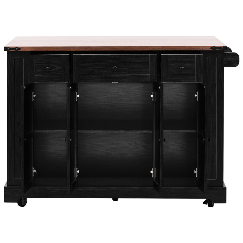 Black Kitchen Island With Two Tempered Glass Cabinet Doors, 53'' Rolling Cart, 5 Open Shelves, 3 Drawers, Drop Leaf, Power Outlet For & Dining , Cart Leaf And Supply