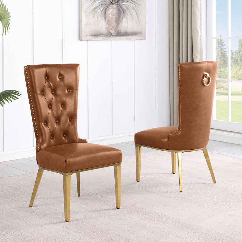 Chaises de salle à manger Leathaire avec garniture cloutée, Caramel