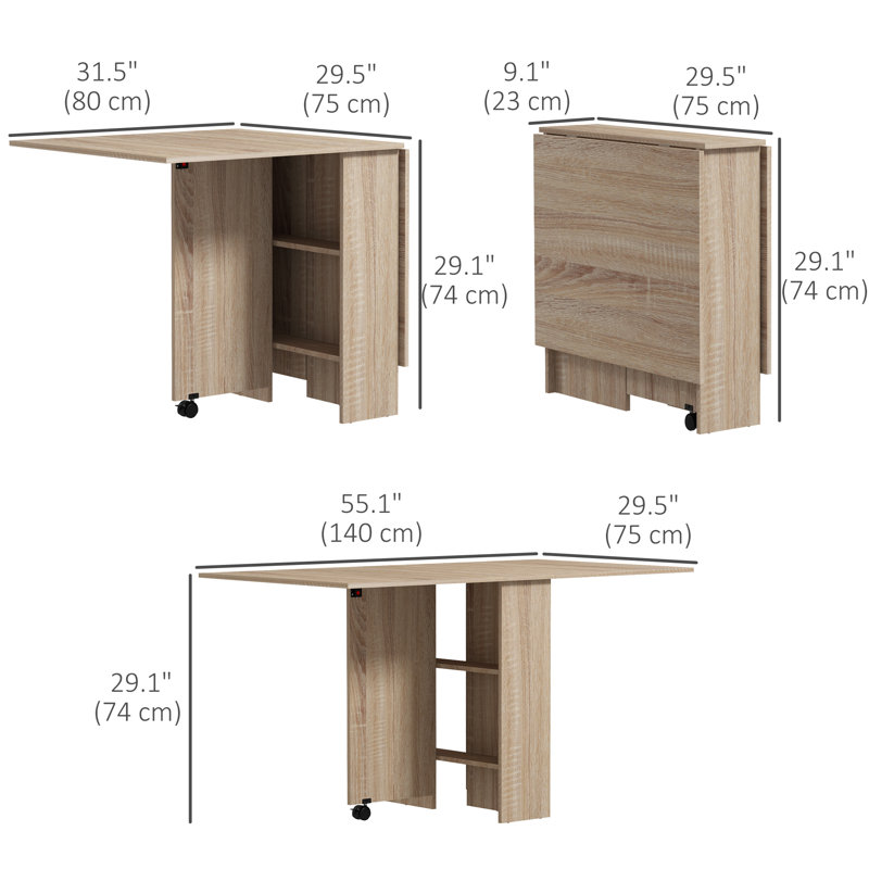 Folding Dining Table, Drop Leaf Table with 2-tier Shelves