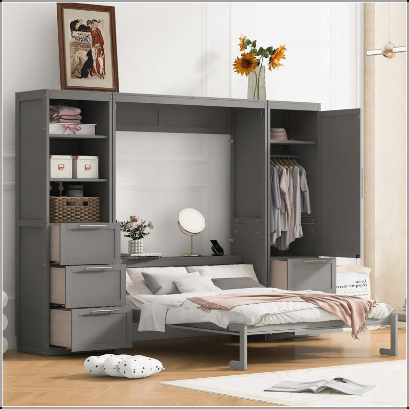 Grand lit escamotable mural avec placard, gris