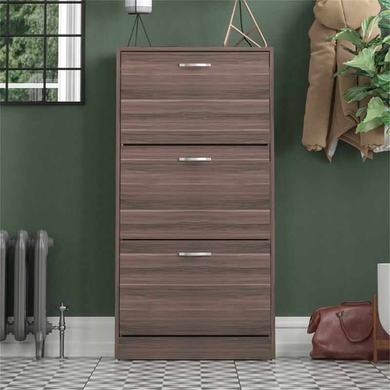 Vida 3 Drawer Flip Down Shoe Storage Free Standing Cabinet For Hallway, Walnut, 118" H x 60" W x 24" D