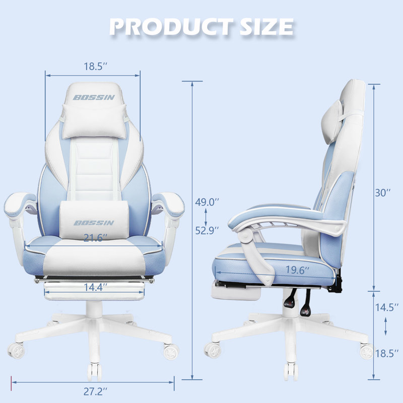 Chaises de jeu BOSIN avec repose-pieds, chaises de jeu d'ordinateur ergonomiques avec support lombaire, Bleu / blanc