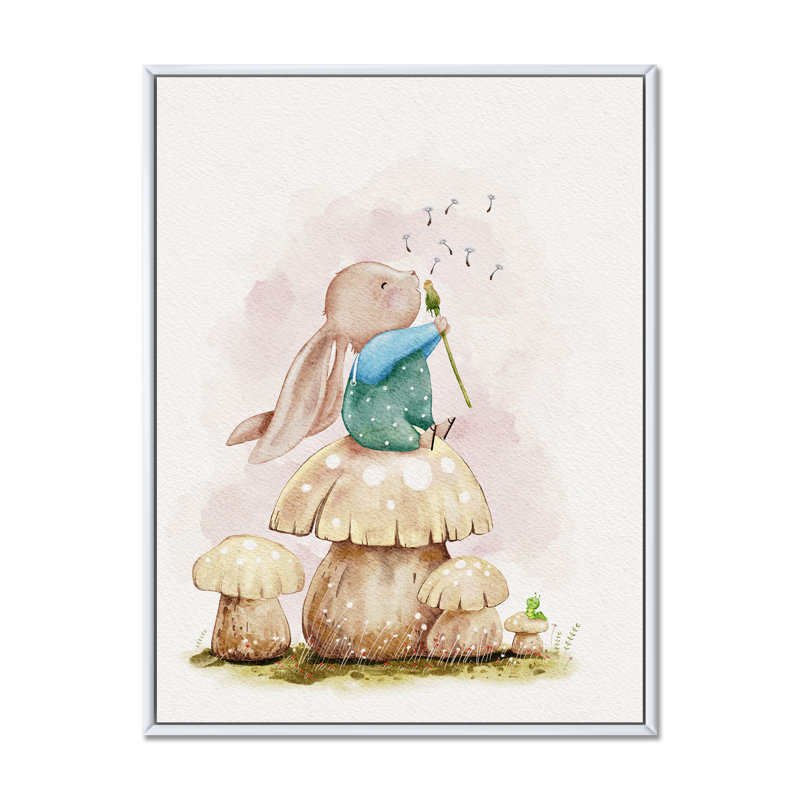 Illustration de toile mignonne de lapin en train de souffler une fleur, H 16 po x l 32 po x P 1 po, Flotteur blanc