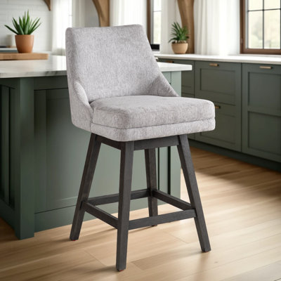 Wasser Solid Wood Upholstered Swivel Barstool With Fabric Seat