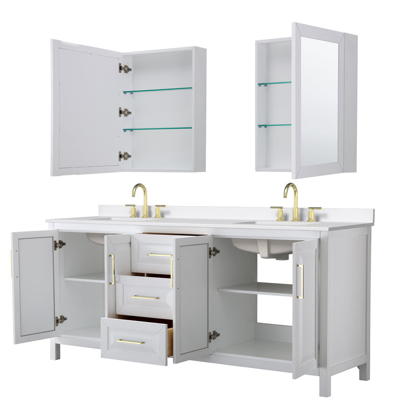 Daria 80 in. with Mirror Vanity, White Quartz, White, Brushed Gold