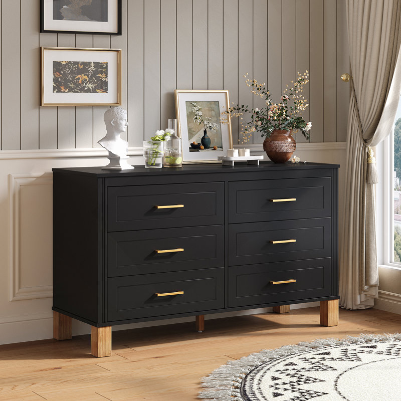 Commode 6 tiroirs, commode de rangement moderne avec poignées en métal et pieds en bois massif, Noir