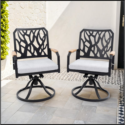 Chaise berçante pivotante en aluminium pour l'extérieur 2 pièces avec coussins en tissu Sunbrella de qualité extérieure, dossier en forme de branche, accoudoirs en bois certifiés FSC, brun bourbon