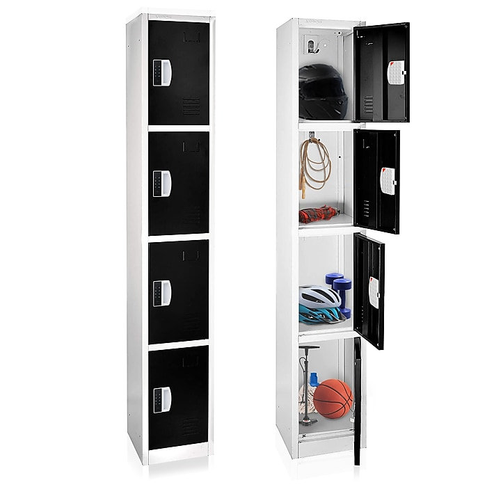 Casier à 4 portes en acier 72 po x 12 po x 12 po à 4 niveaux avec serrure numérique - Rangement pour employés et étudiants pour les écoles, la salle de sport, le lieu de travail - Comprend les crochets, la ventilation et le porte-carte - Assemblage facile
