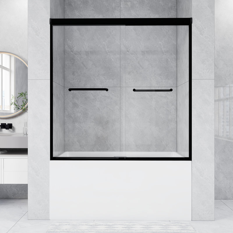 56-60 .In W X 60 .In H Double Sliding Shower Door With 1/4 Inch Thick Tempered Glass  In Matte Black  | Aluminum Frame | Stainless Steel Handle | Explosion Proof Film
