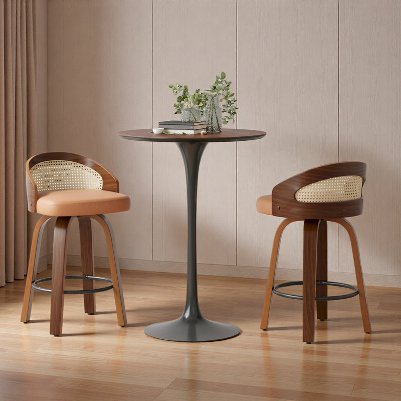 Ensemble de 2 tabourets de bar pivotants, structure en bois moderne avec dossier en rotin, tabouret en cuir de polyuréthane pour comptoir de cuisine, tabourets de bar rembourrés de style Mid-Century avec repose-pieds, tabourets de comptoir industriels