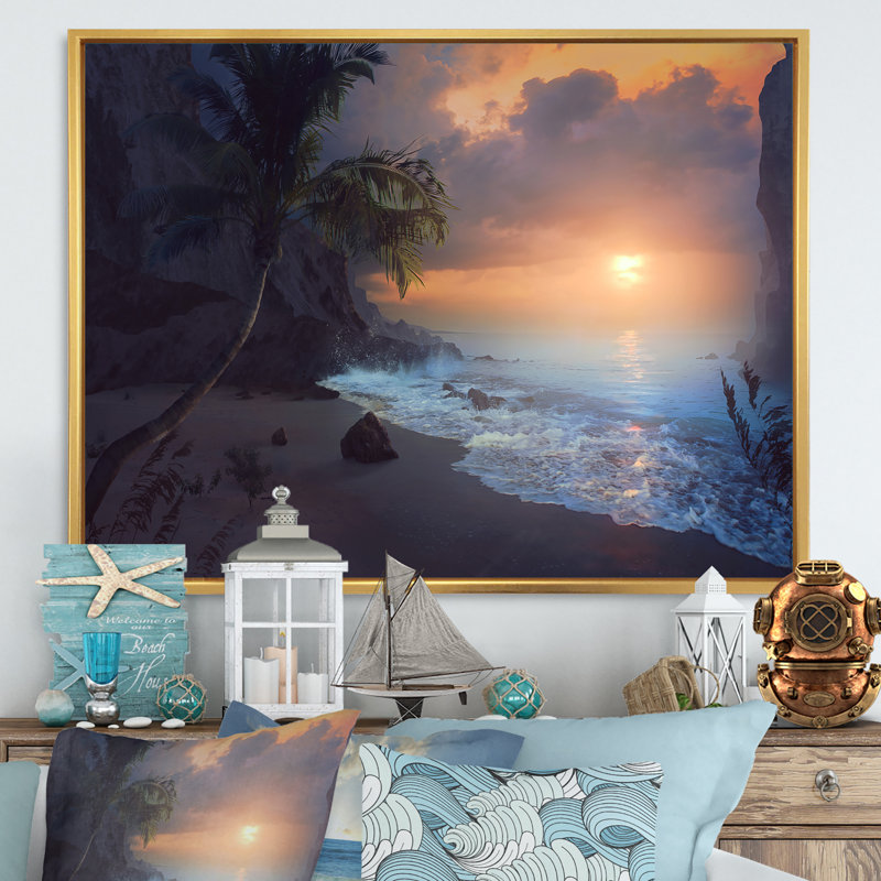 Sunrise Peaceful Beach - Art nautique et côtier sur toile, H 16 po x l 32 po x P 1 po, Cadre flottant doré