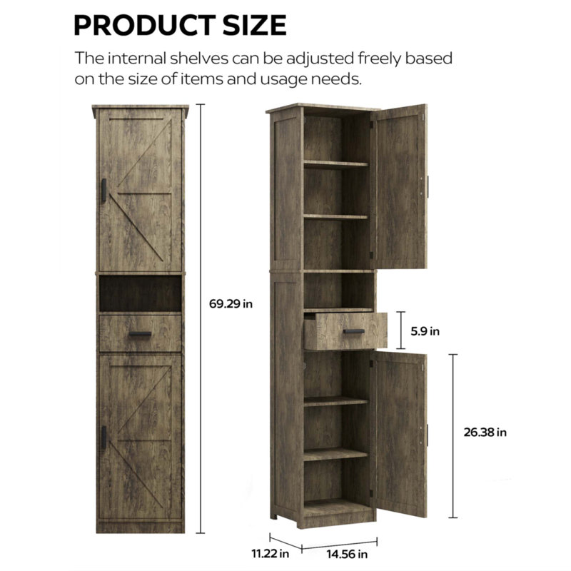 69" H Tall Bathroom Storage Cabinet With 2 Barn Doors And 1 Drawer, Gray