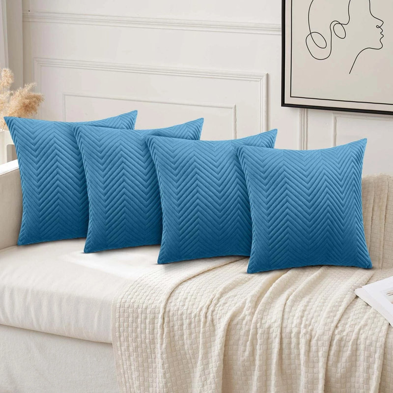 Luxury Chevron Embossed Quilted Pattern Velvet Cushion Cover Set (4-Pack) - Soft Throw Cushion Cover for Home Décor, Teal