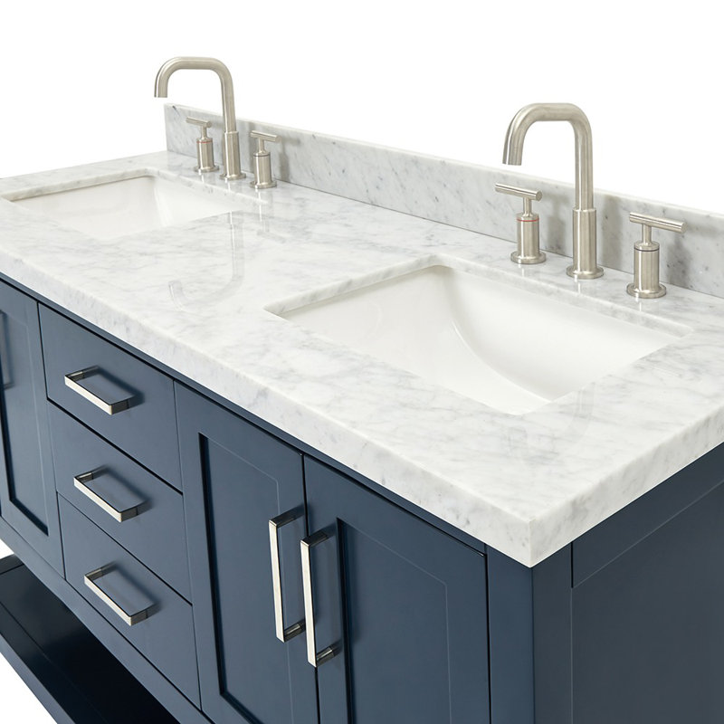 Magnolia Bath Vanity Oval Basin, Midnight Blue, Carrara White Marble, Rectangle 