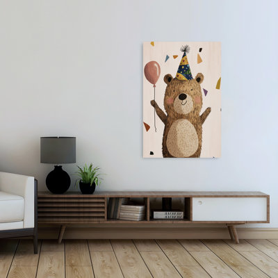 Happy Birthday Bear Playful Whimsical Contemporary Bear Wall Art Print 1 Piece Wrapped Canvas Wall Art