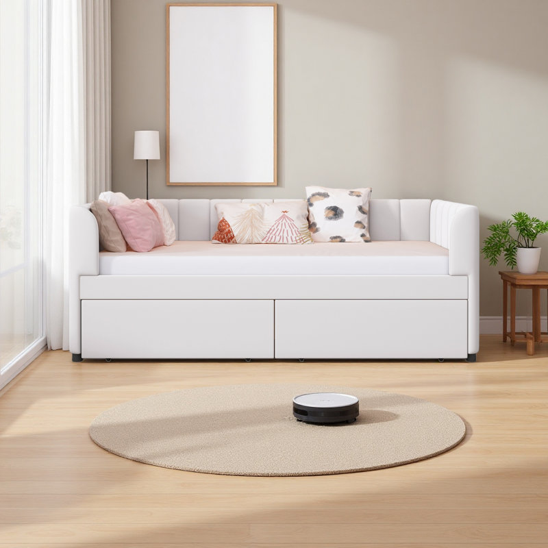 Lit de jour simple rembourré avec dossier ergonomique et 2 tiroirs, Beige