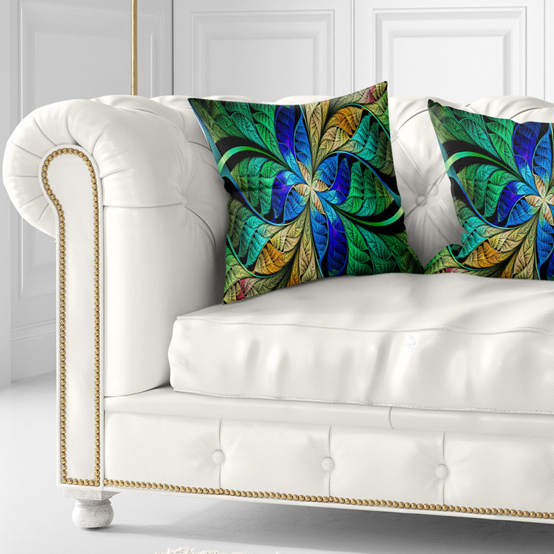 Pétales de fleurs bleu vert fractal - coussin imprimé abstrait, 18 po x 18 po, Coussin décoratif
