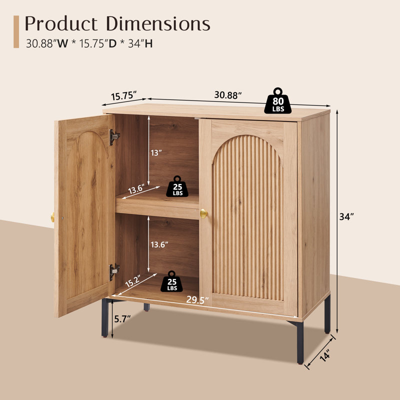 Buffet moderne cannelé avec rangement, Naturel, Four pieces, H 34 po x l 123,52 po x P 15,75 po