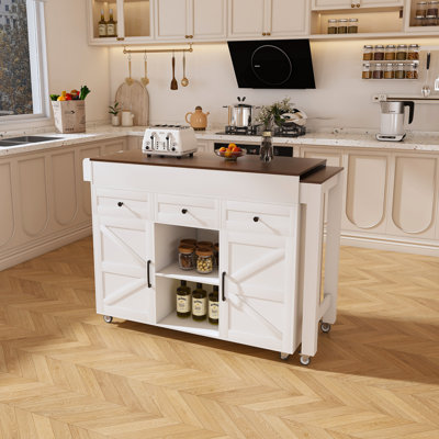  74.8 Inch Kitchen Island with Extendable Dining Table, Rolling Utility Cart and Storage Station, White
