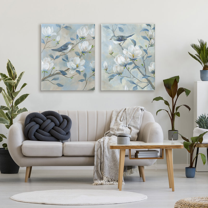 «Blue Birds in Magnolia Tree», ensemble de 2 toiles, par Nan, H 30 po x l 24 po