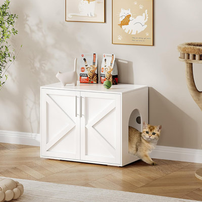Cat Litter Box Enclosure, Hidden cat Litter Box Furniture with with 2 Doors and Pads, Wooden Kitty Litter Box Cabinet Furniture
