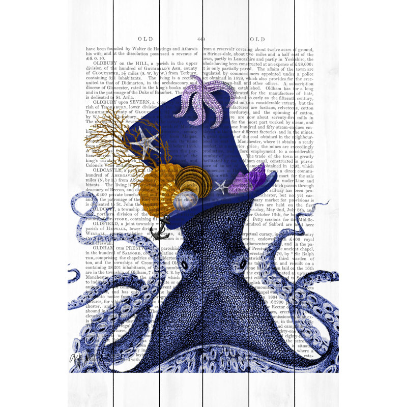 « Octopus Nautical Hat »-impression d’art textuel sur bois, H 24 po x l 16 po x P 1,5 po