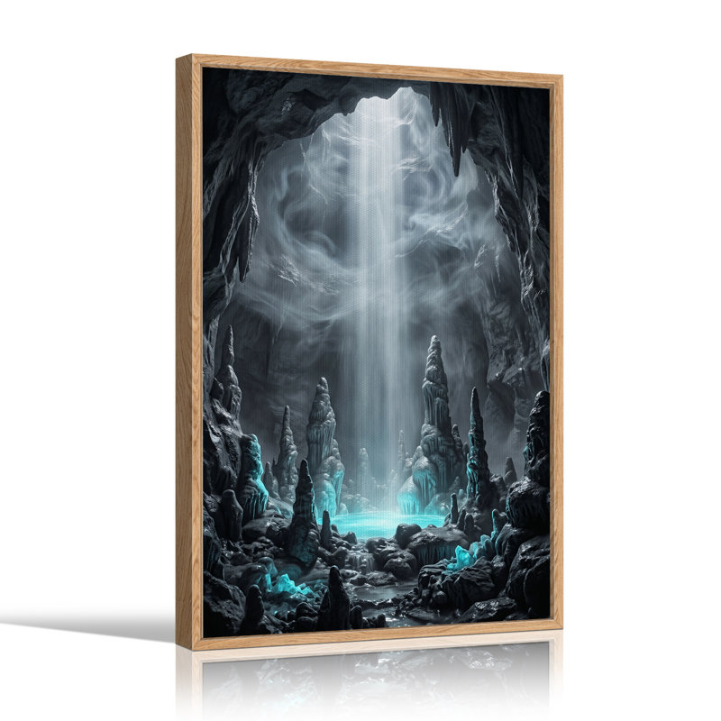 Intérieur d'une grotte avec eau bleue brillante et stalagmites, art mural sur toile, H 24 po x l 18 po