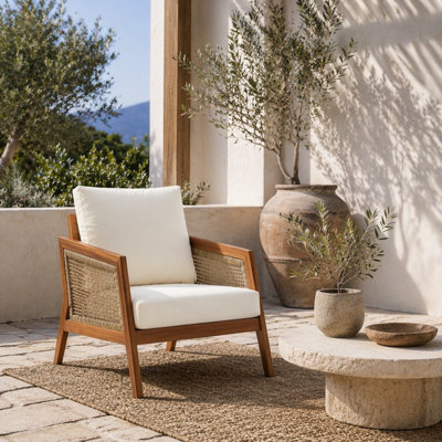 Fauteuil club en bois d'acacia, fauteuil d'extérieur en osier, siège profond avec coussins moelleux pour porche, jardin, cour arrière, balcon, teck et mélange de brun et de crème