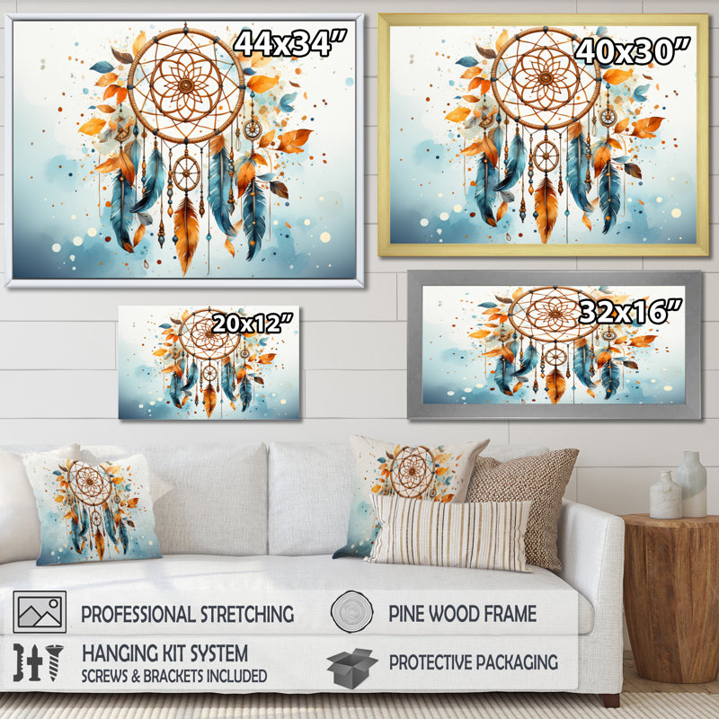 «Orange Dreamcatcher Minimalist Harmony» sur impression sur toile, H 12 po x l 20 po x P 1 po, Cadre simple argenté