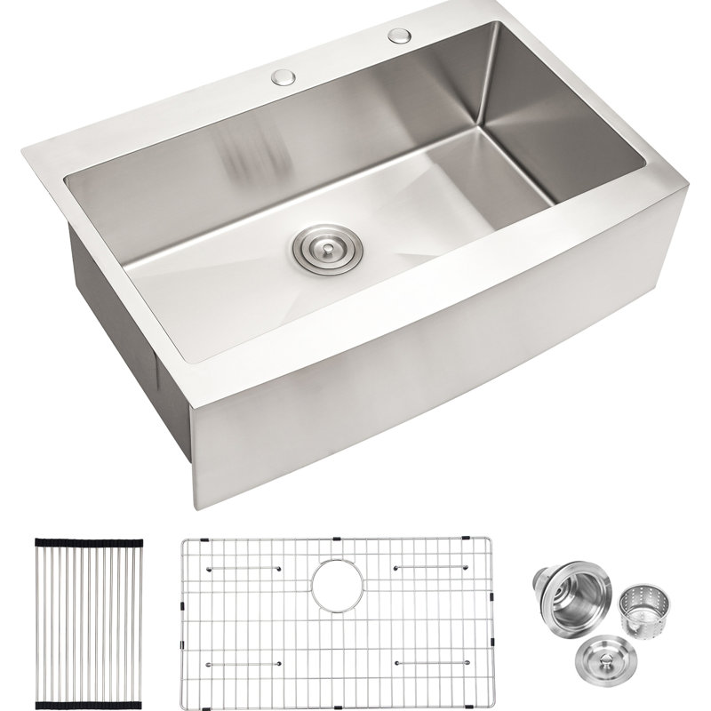 Évier de cuisine 33 po x 22 po x 10 po - tablier simple en acier inoxydable de style tablier T304 rouille et teint facile à nettoyer, nickel brossé de calibre 16
