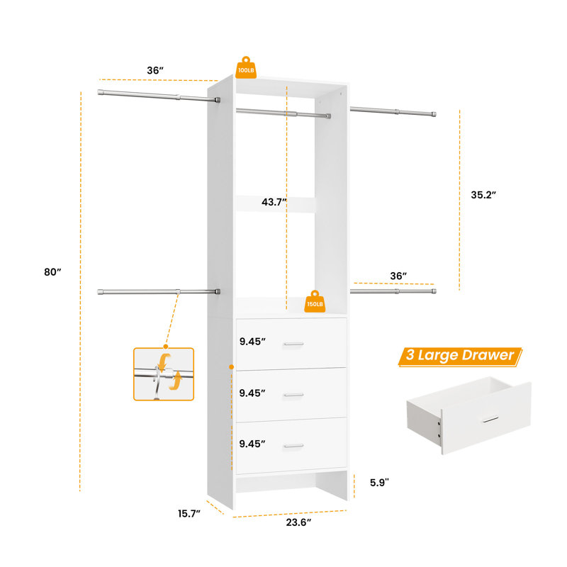 80" Tall Modular Armoire Organizer with 3 Drawers