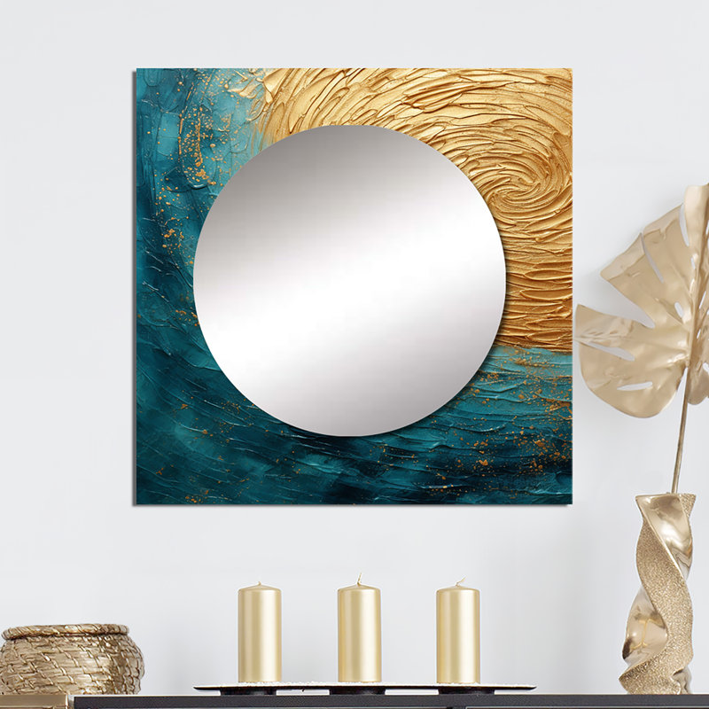 Tregre - or bleu sarcelle alchimie spirale III abstrait spirales carrées miroir pour décoration murale, 23 po x 23 po